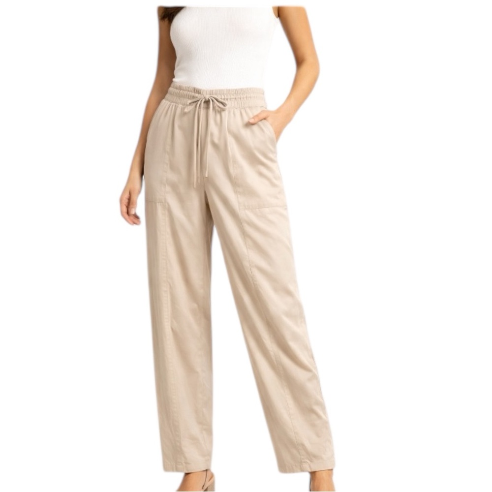 Athleta Beige Wide Leg Pants Drawstring High Rise Casual Lounge Size 14